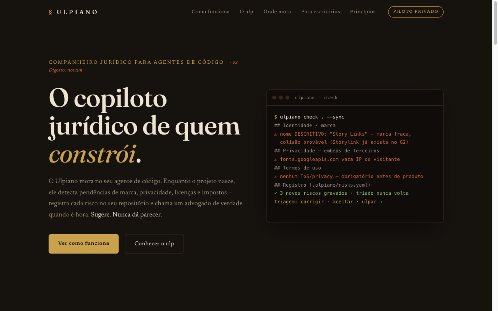 Ulpiano landing page with a terminal running ulpiano check